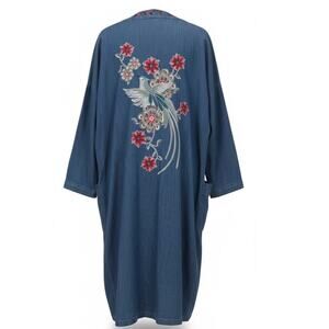 Banjara Embroidered Chambray Denim Kimono Cardigan Floral Bird Boho Medium Artsy